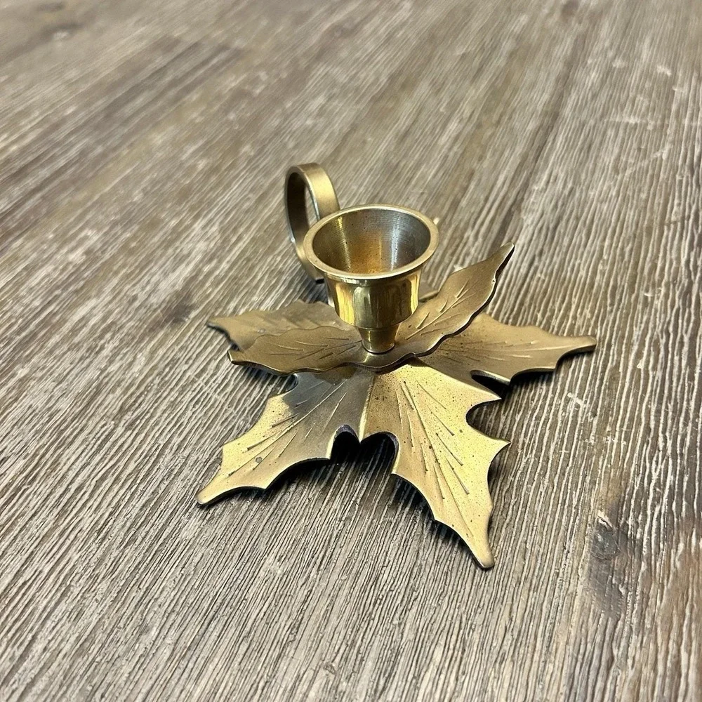 Vtg Solid Brass Leaf Shaped‎ Tapered Candle Holder Christmas - India Archana